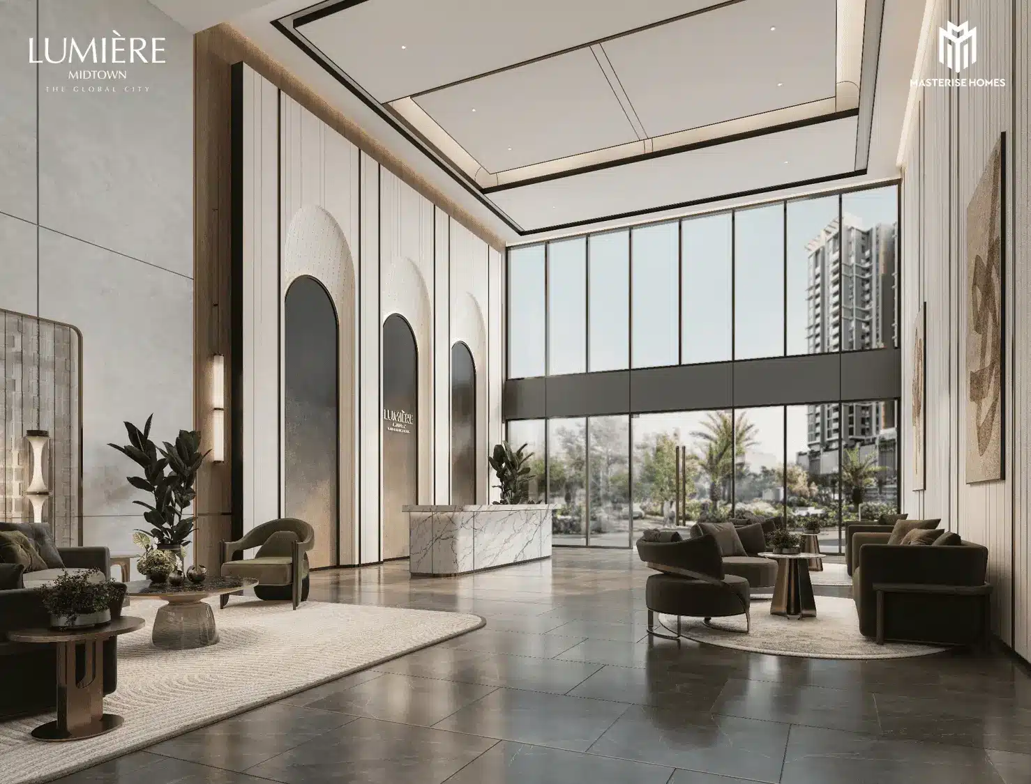 Sảnh đón khách sang trọng tại LUMIÈRE Midtown, nối liền thiên nhiên và kiến trúc hiện đại.