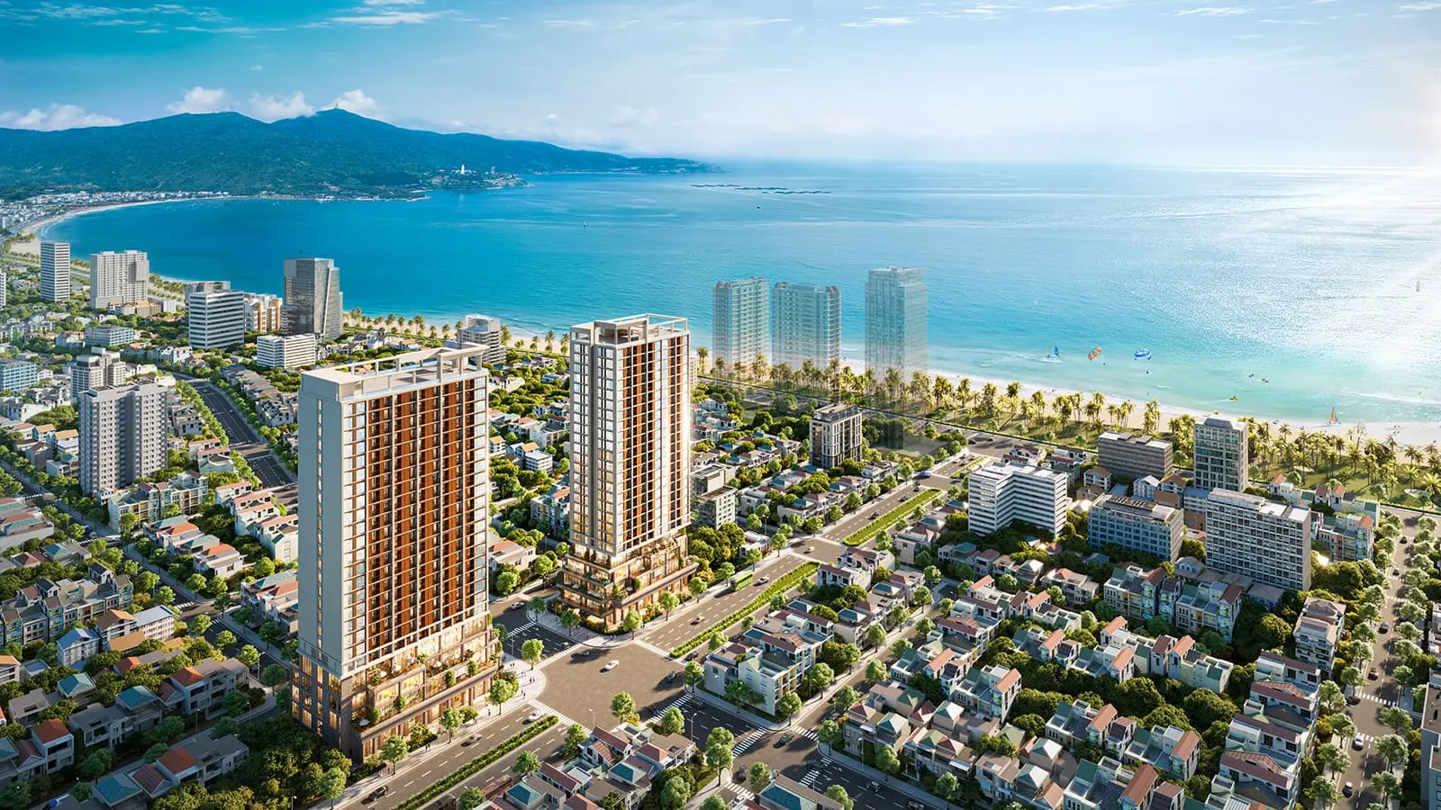 Toàn cảnh dự án Sun Costa Residences Đà Nẵng với vị trí đắc địa bên bờ biển Mỹ Khê tuyệt đẹp.
