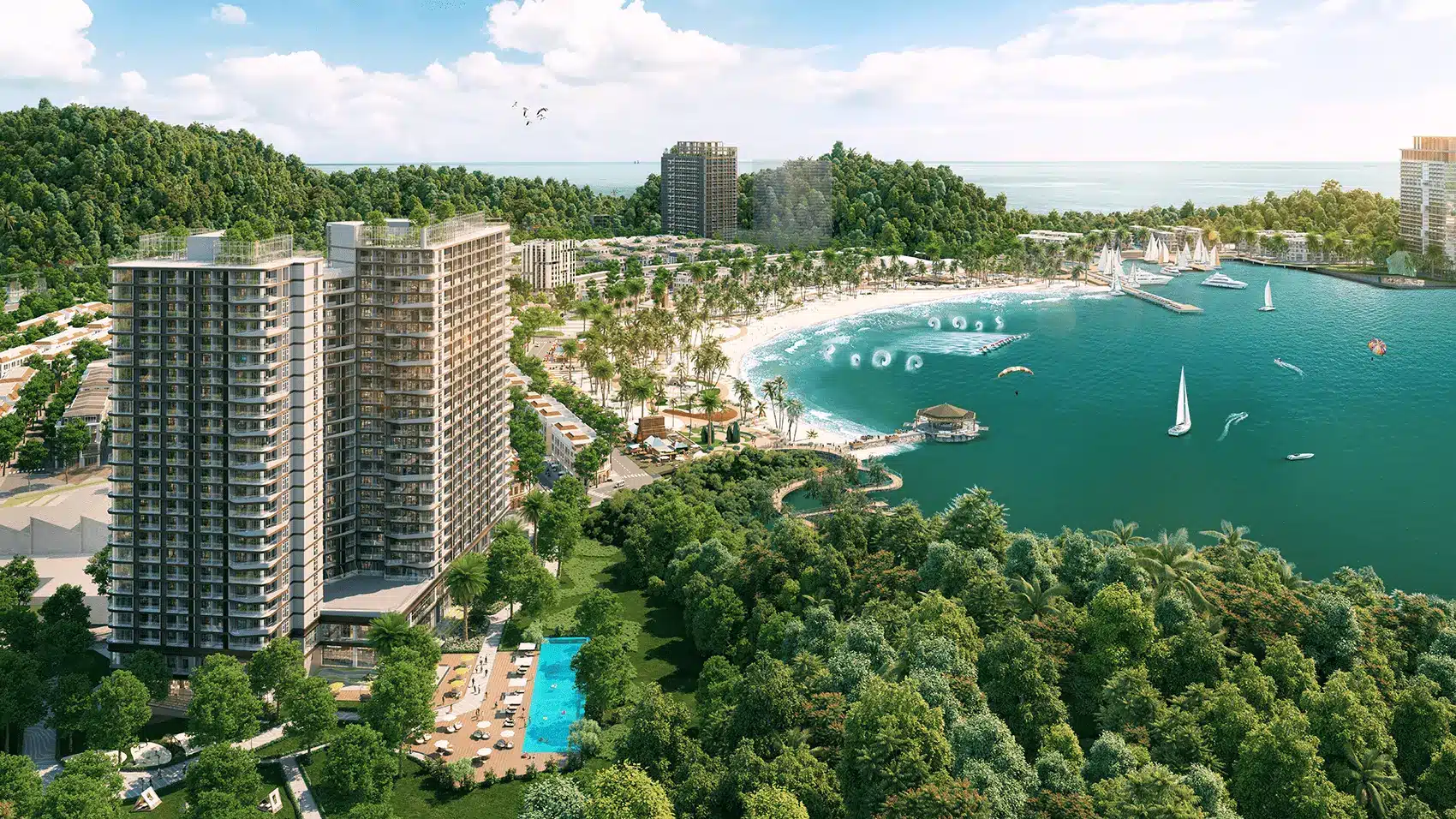 Toàn cảnh dự án Xanh Island Cát Bà với bãi tắm nhân tạo và các tiện ích xanh hiện đại.