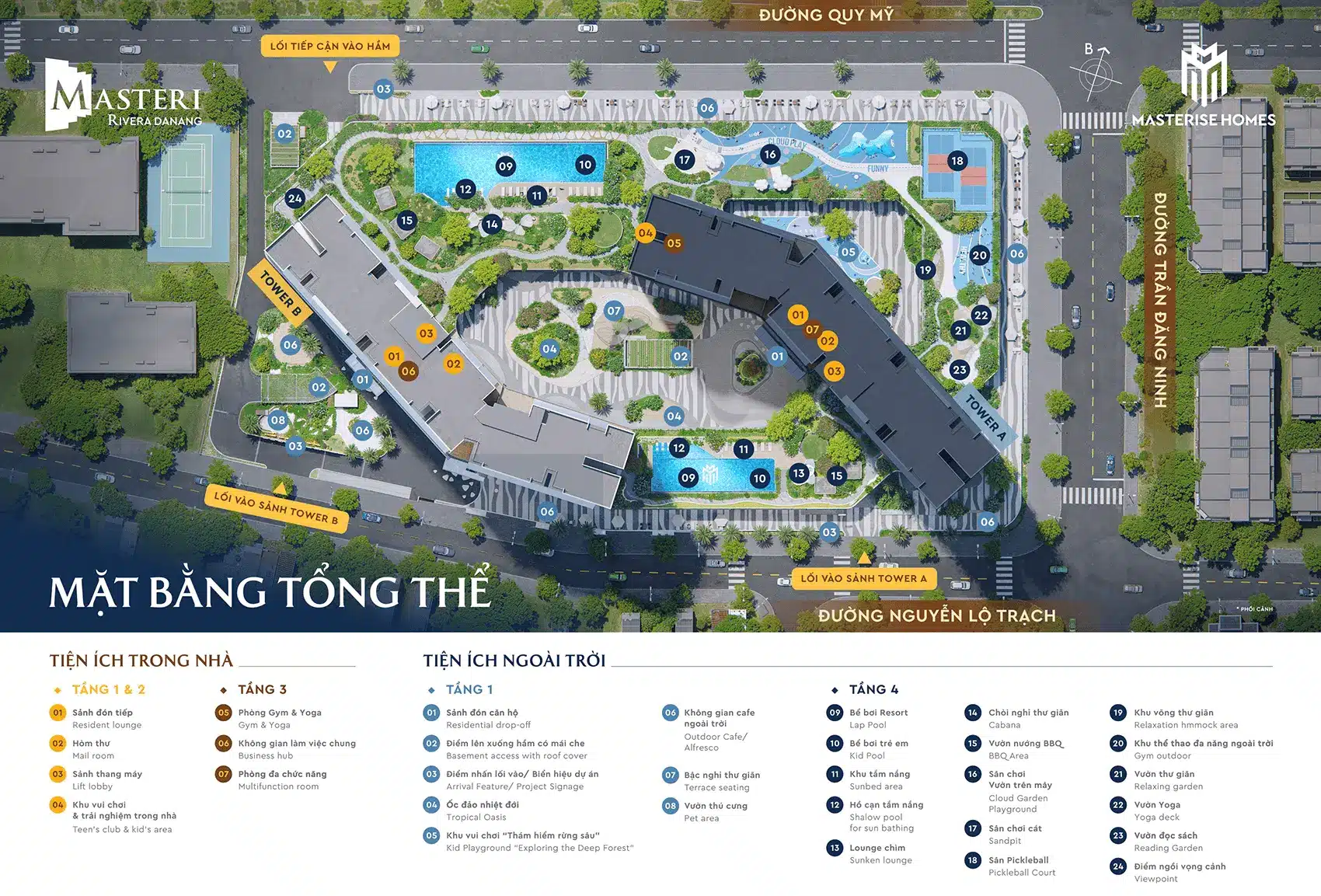 Tổng quan tiện ích tại Masteri Rivera Đà Nẵng: bể bơi resort, gym, vườn yoga, sân chơi trẻ em và nhiều tiện ích khác.